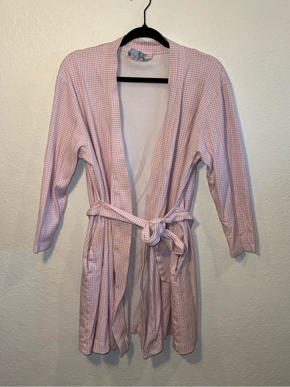 Hill House Pink & White Micro Gingham Print Tie Waist Organic Cotton Robe Size M
